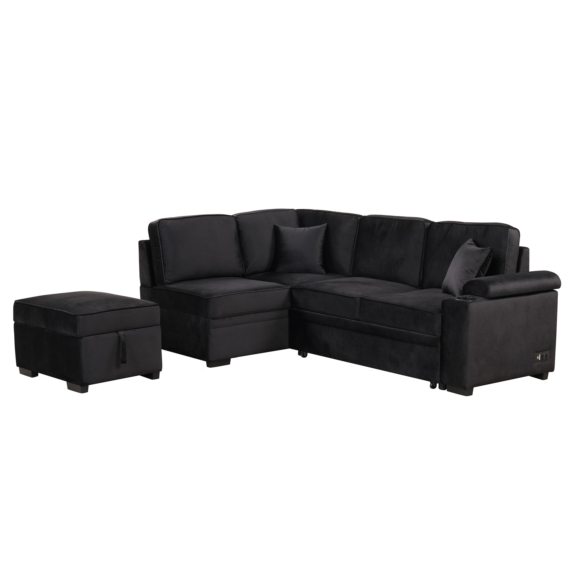 Black velvet sectional sofa with ottoman modern design comfort and storage