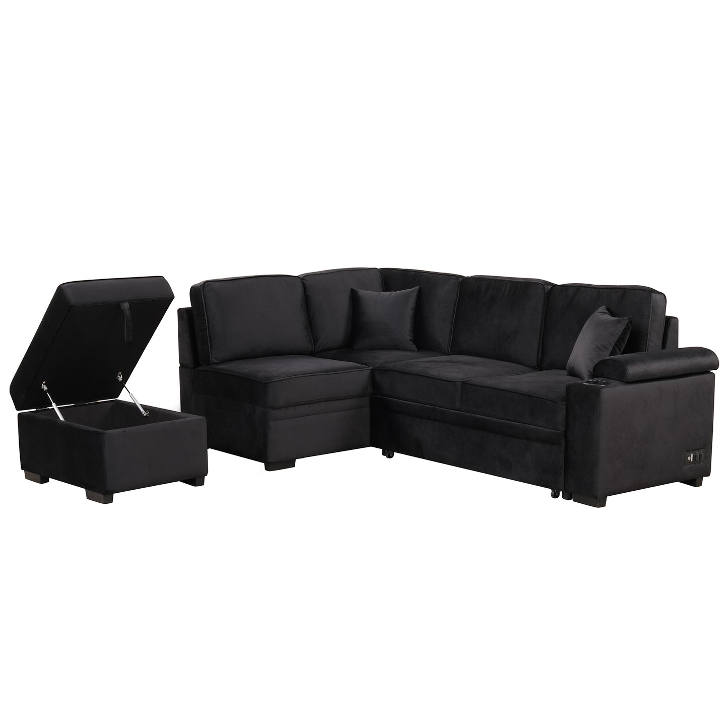 Black velvet sectional sofa with storage ottoman and cup holder