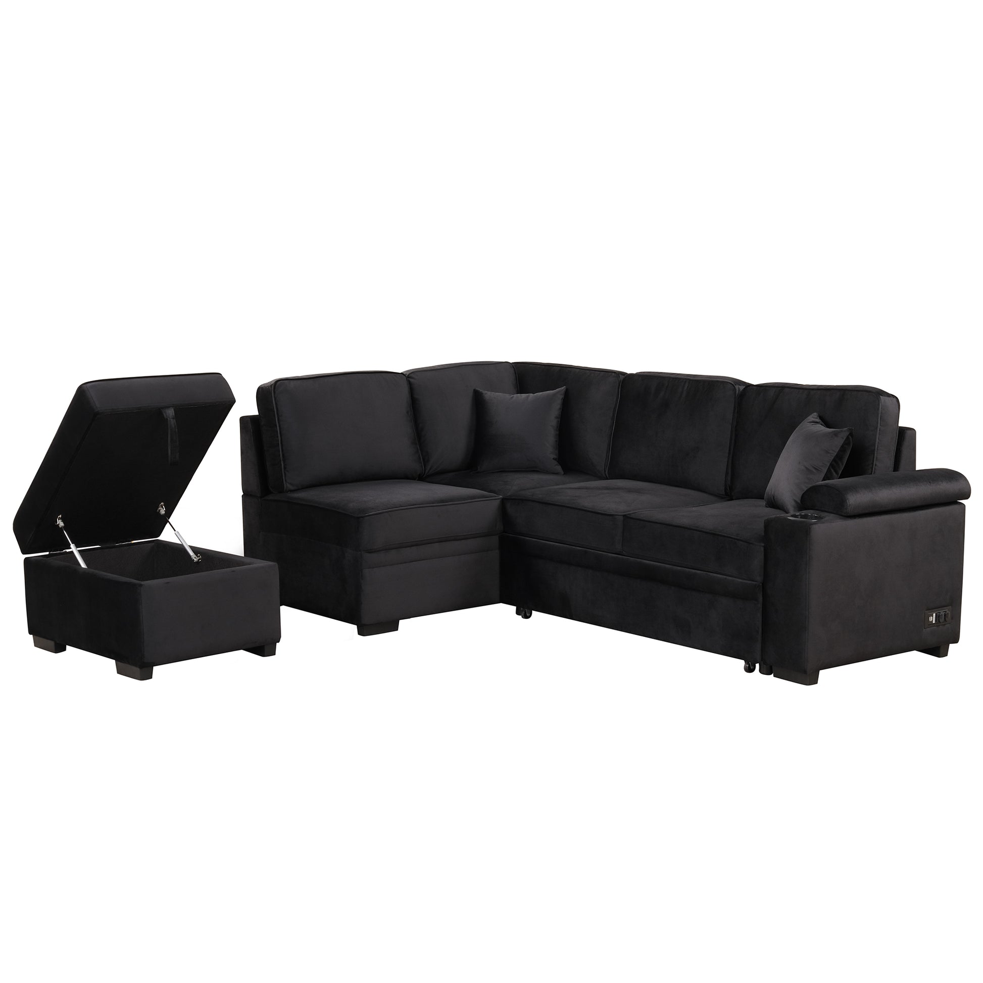 Black velvet sectional sofa with storage ottoman and cup holder