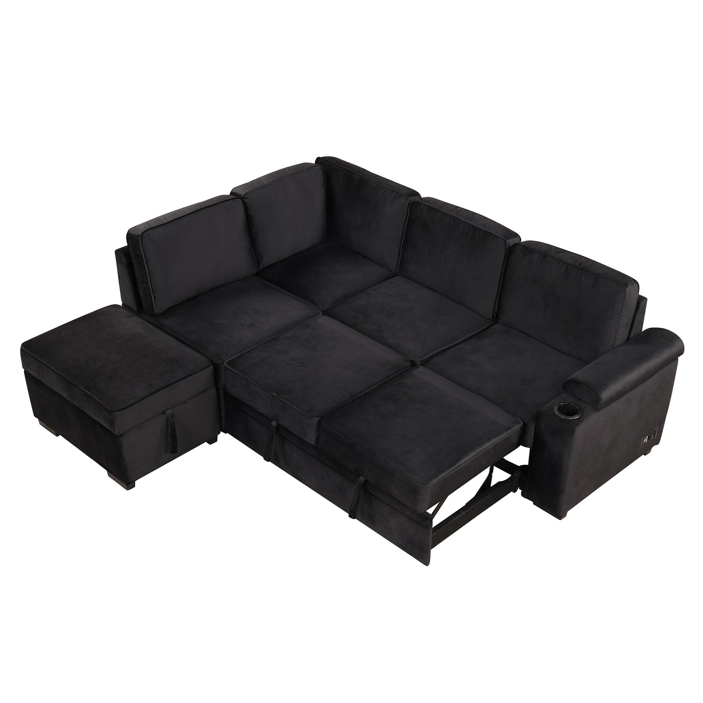 Black velvet sectional sofa with hidden storage and cup holder