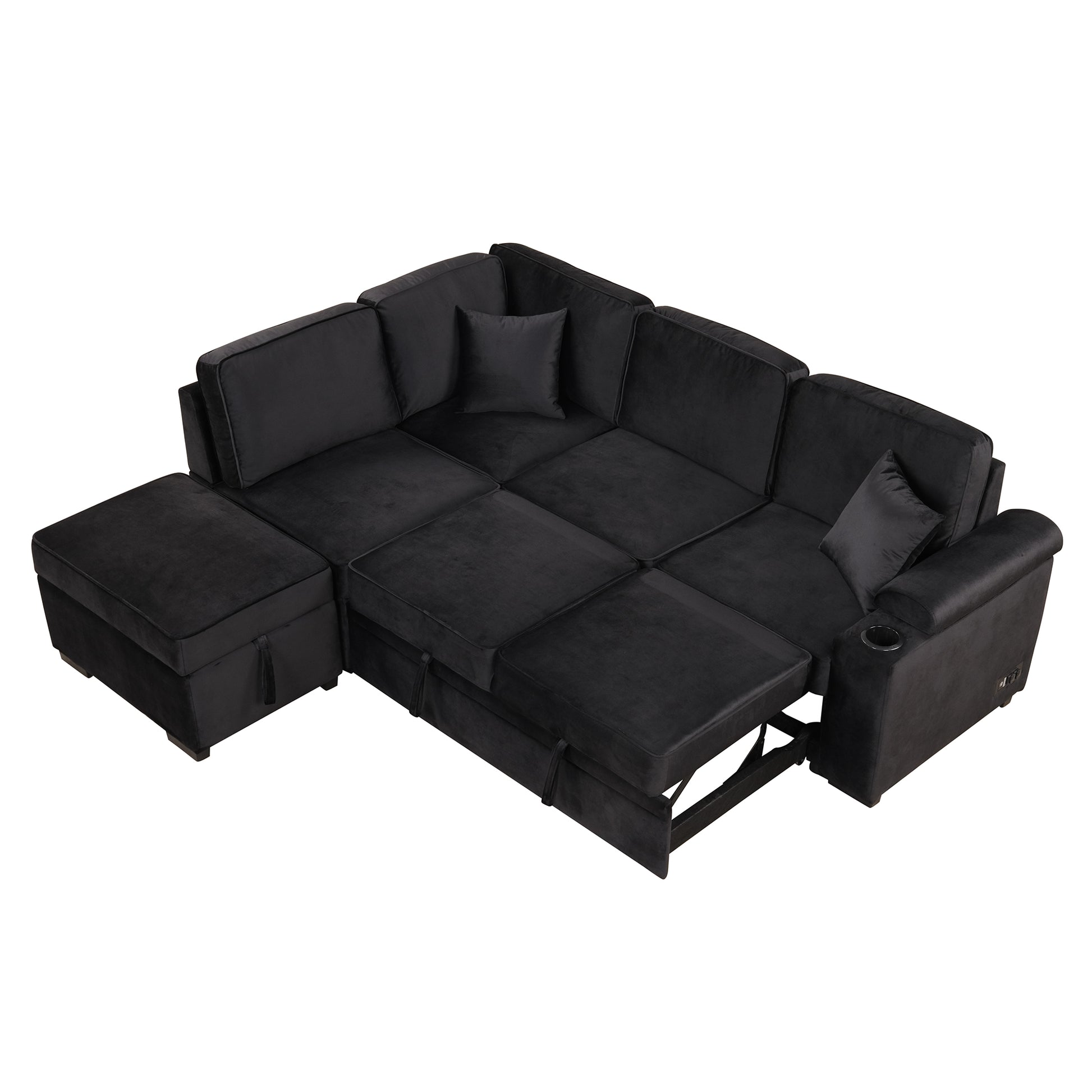Black velvet sectional sofa with pullout bed and hidden storage