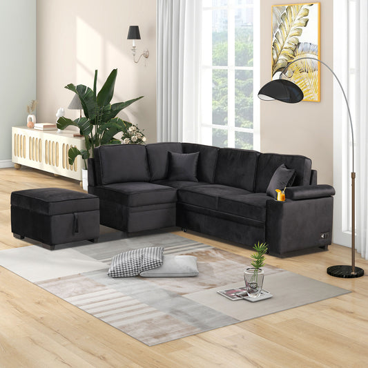 Black velvet sectional sofa with chaise and matching ottoman ideal for living rooms