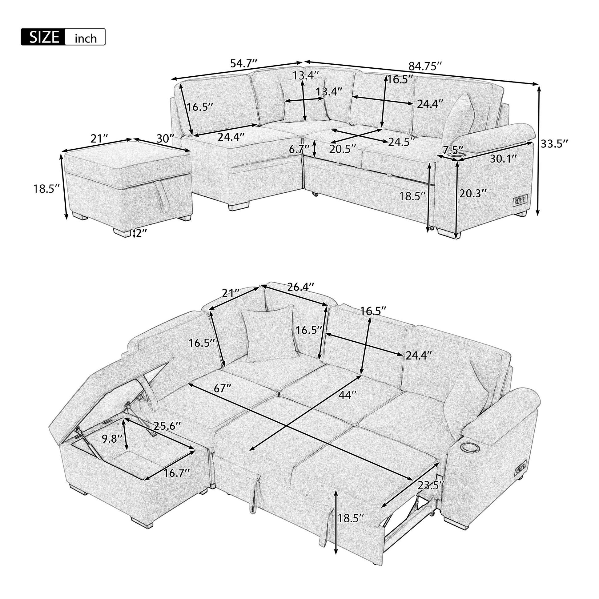 Sketch of a sectional sofa with ottoman showing dimensions in inches