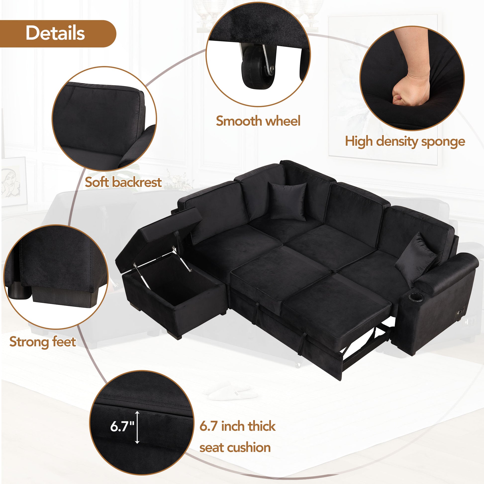 Black sectional couch with smooth wheels for easy movement