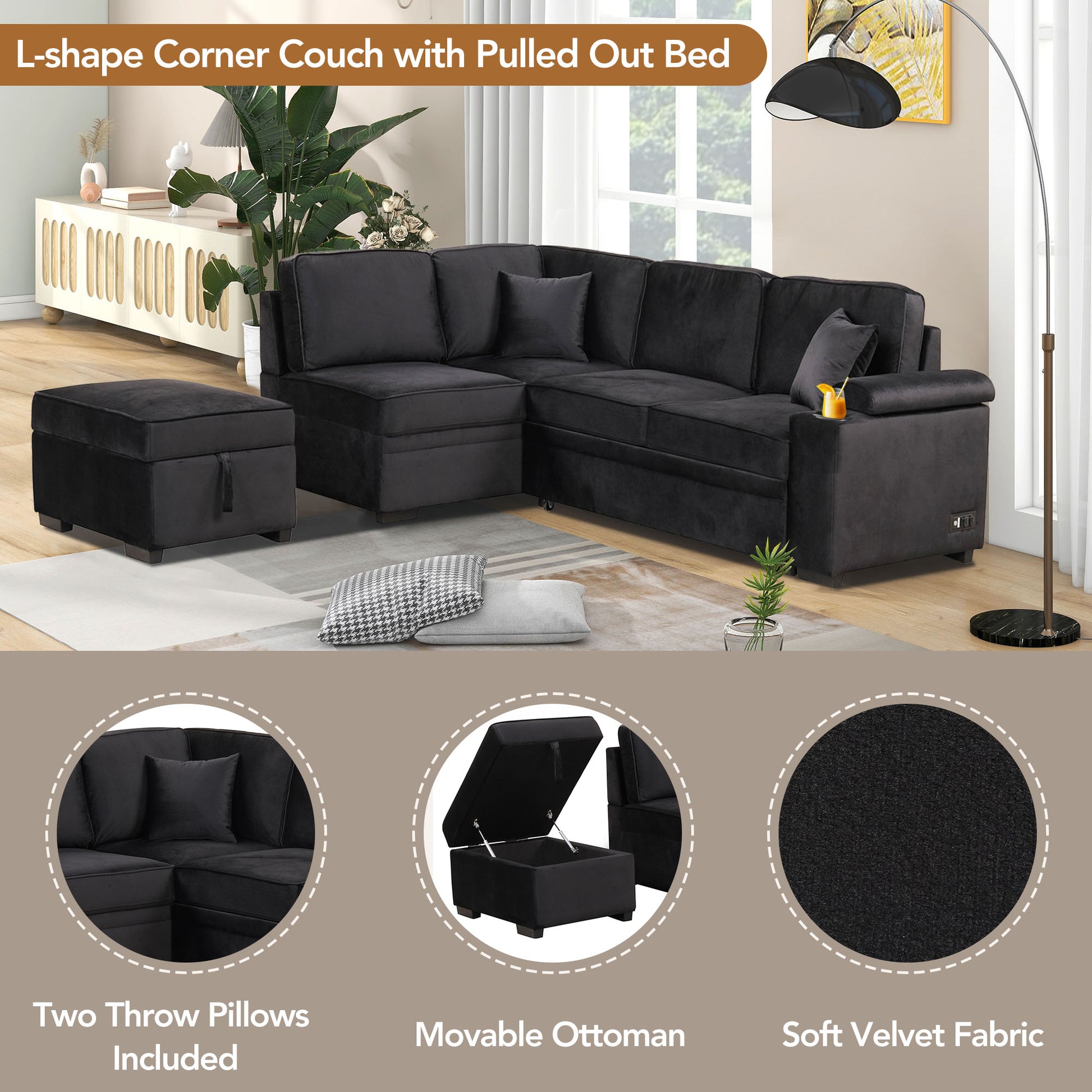 Black Lshape velvet couch with movable ottoman for modern living rooms