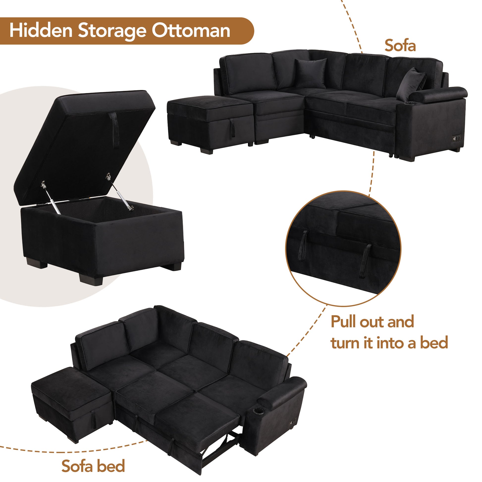 Black velvet hidden storage ottoman with lifttop lid for easy access