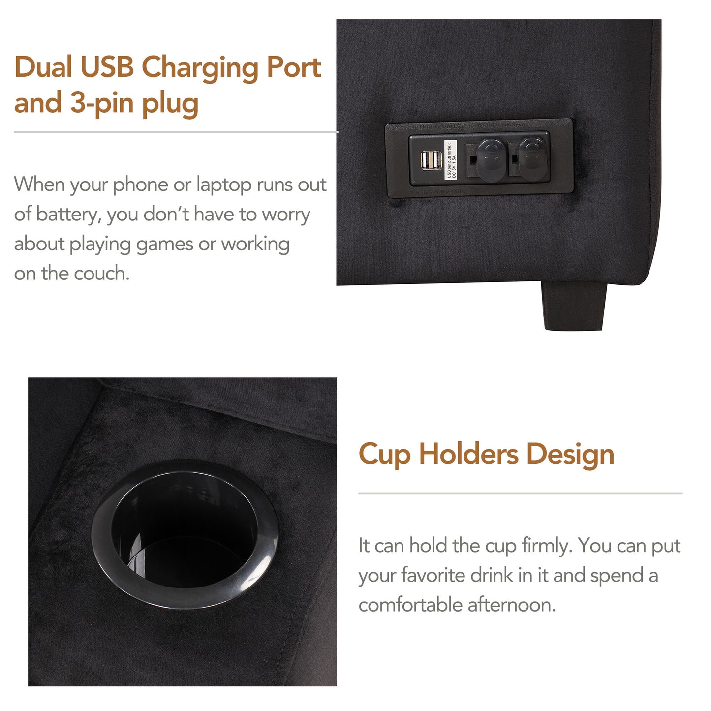 Black recliner with integrated dual USB charging port for convenience