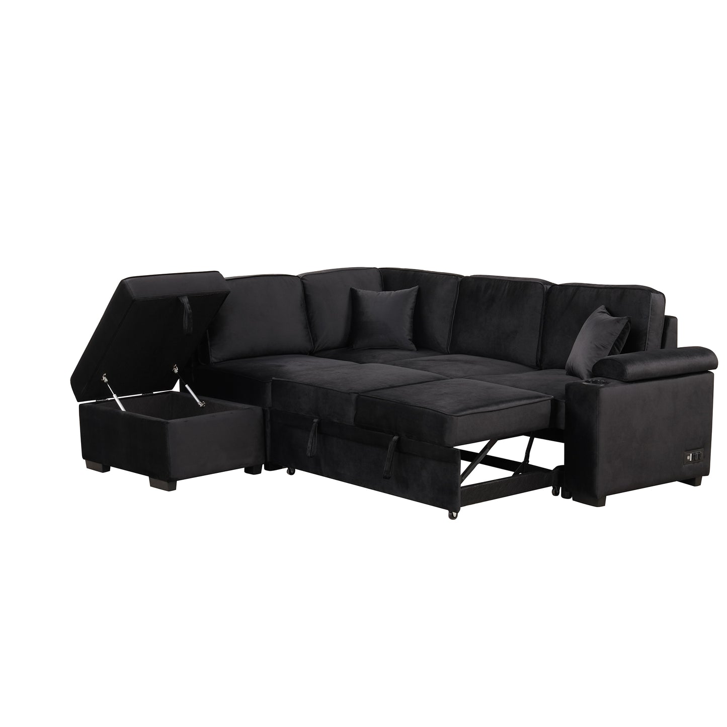 Black velvet sectional sofa with pullout bed and hidden storage compartment