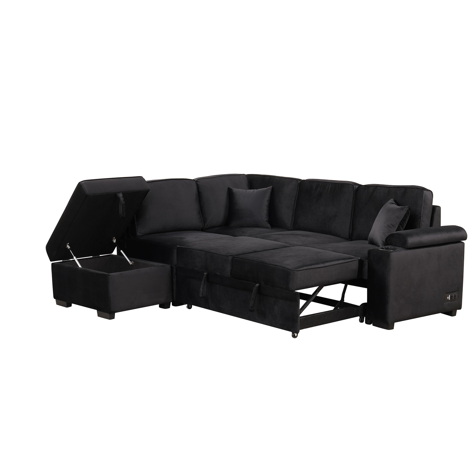 Black velvet sectional sofa with pullout bed and hidden storage compartment