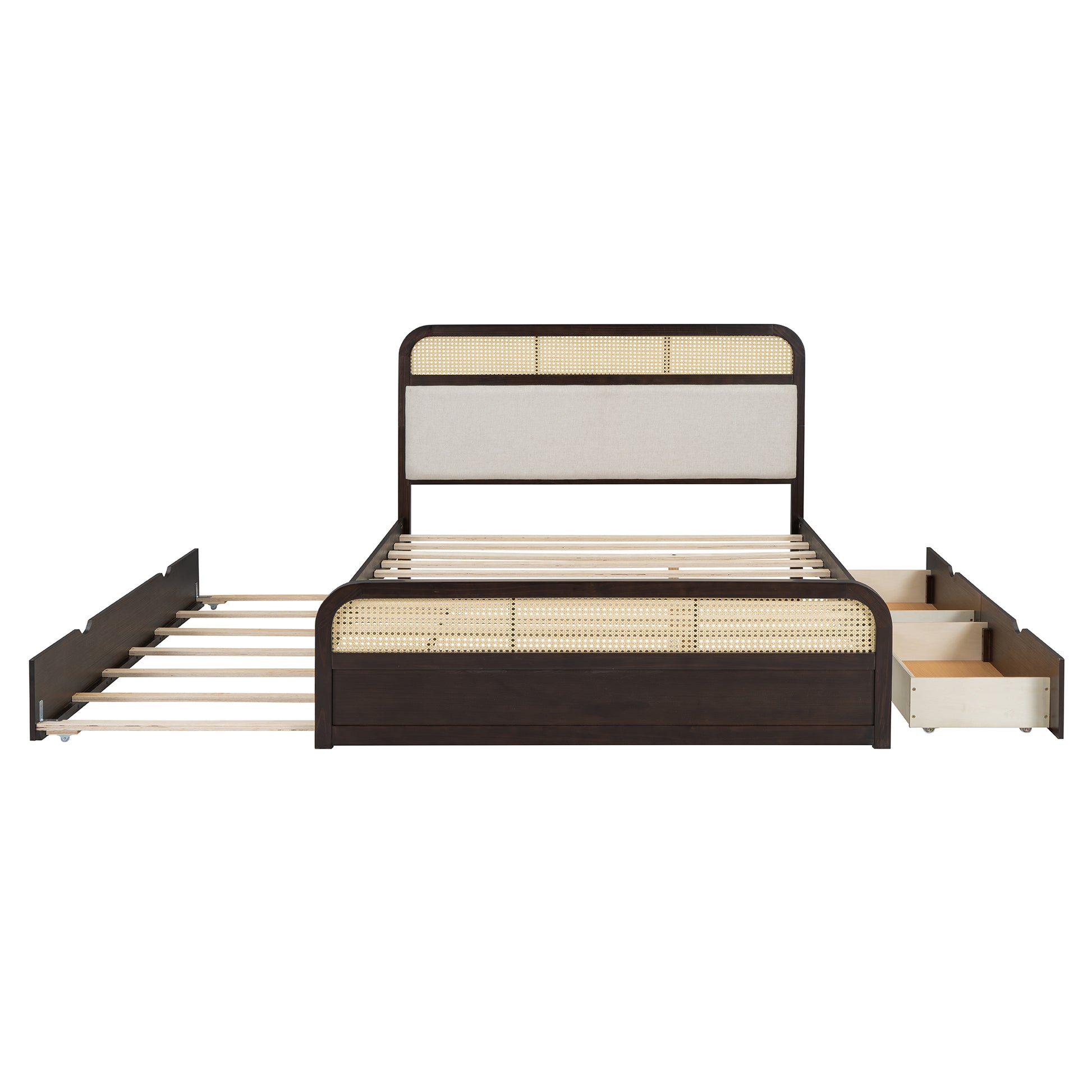 Dark wood platform bed frame with rattan headboard and three pullout drawers