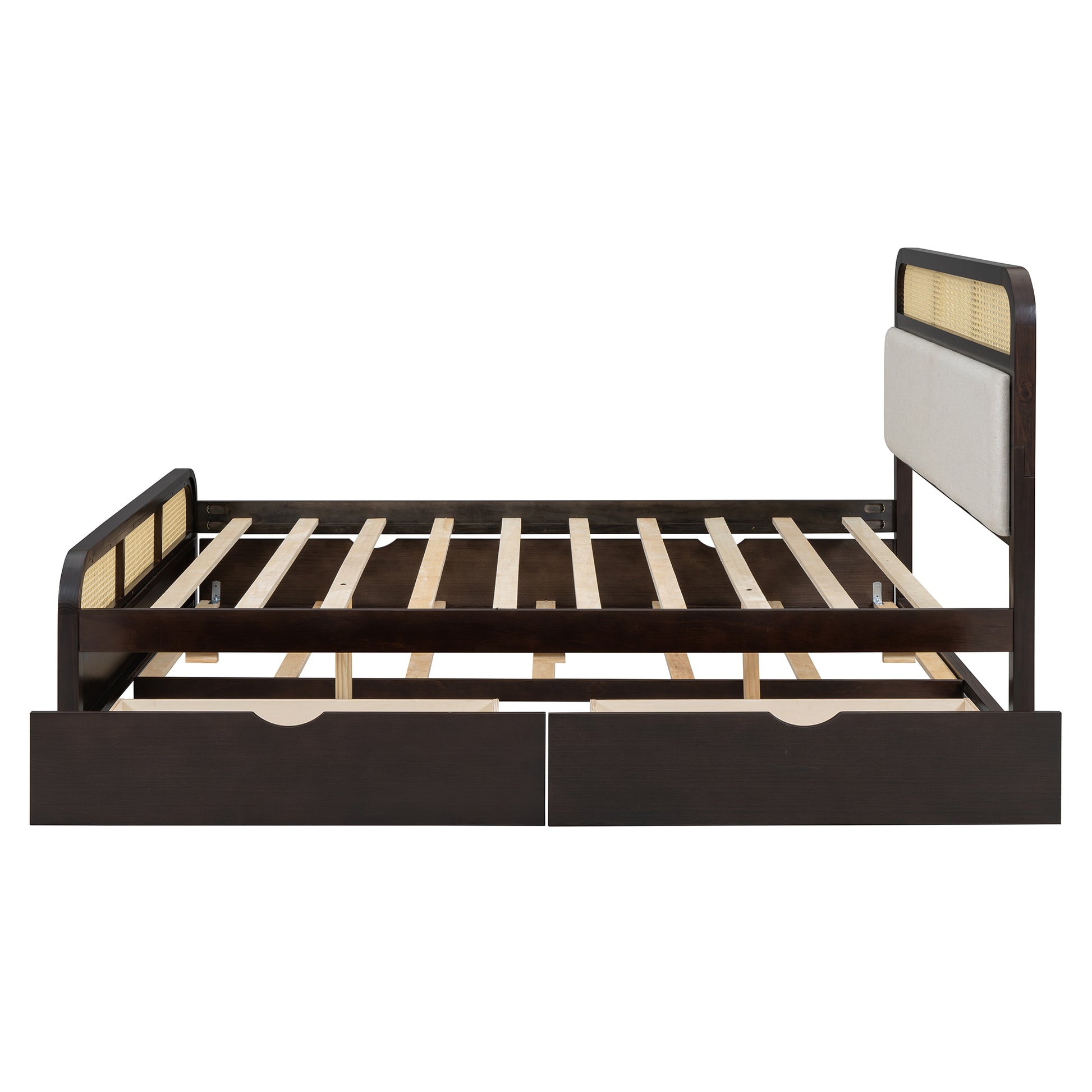 Dark espresso wood daybed with woven cane headboard and two drawers
