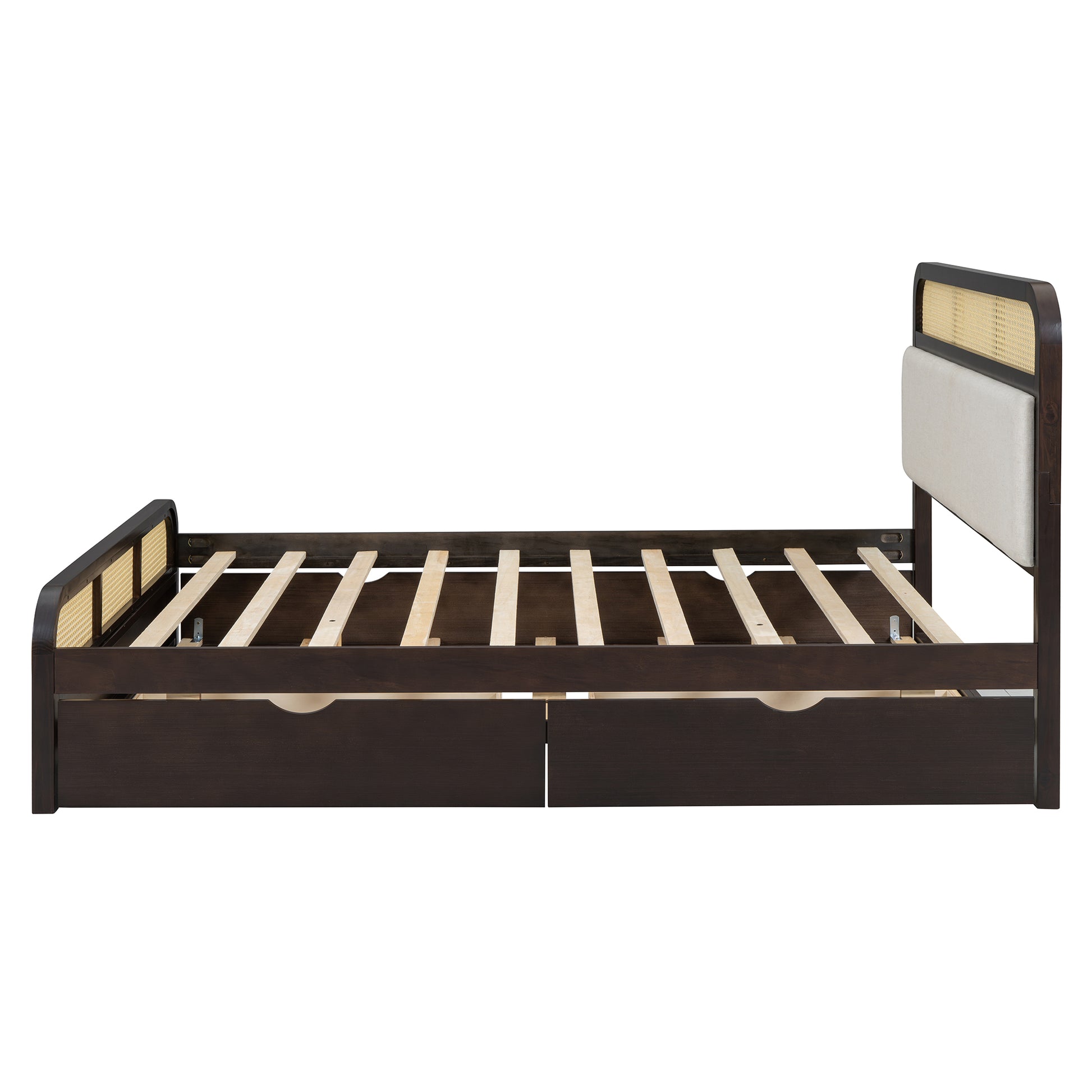 Dark wood platform bed frame with light beige upholstered headboard and cane accents