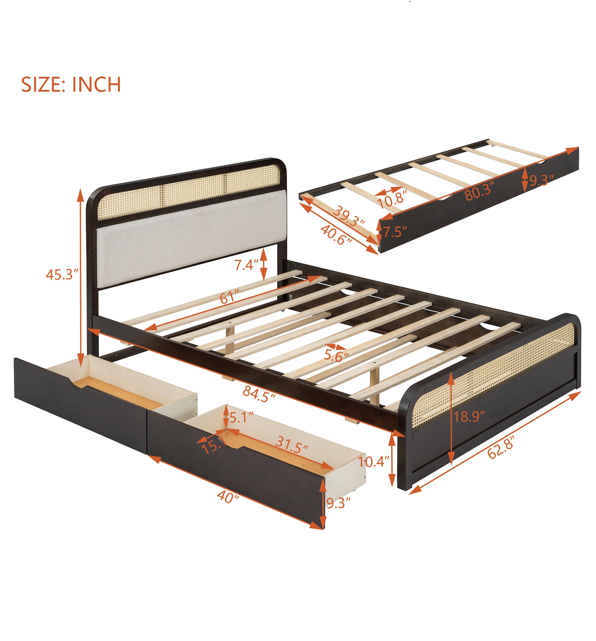 Dark wood platform bed with cane headboard and two drawers
