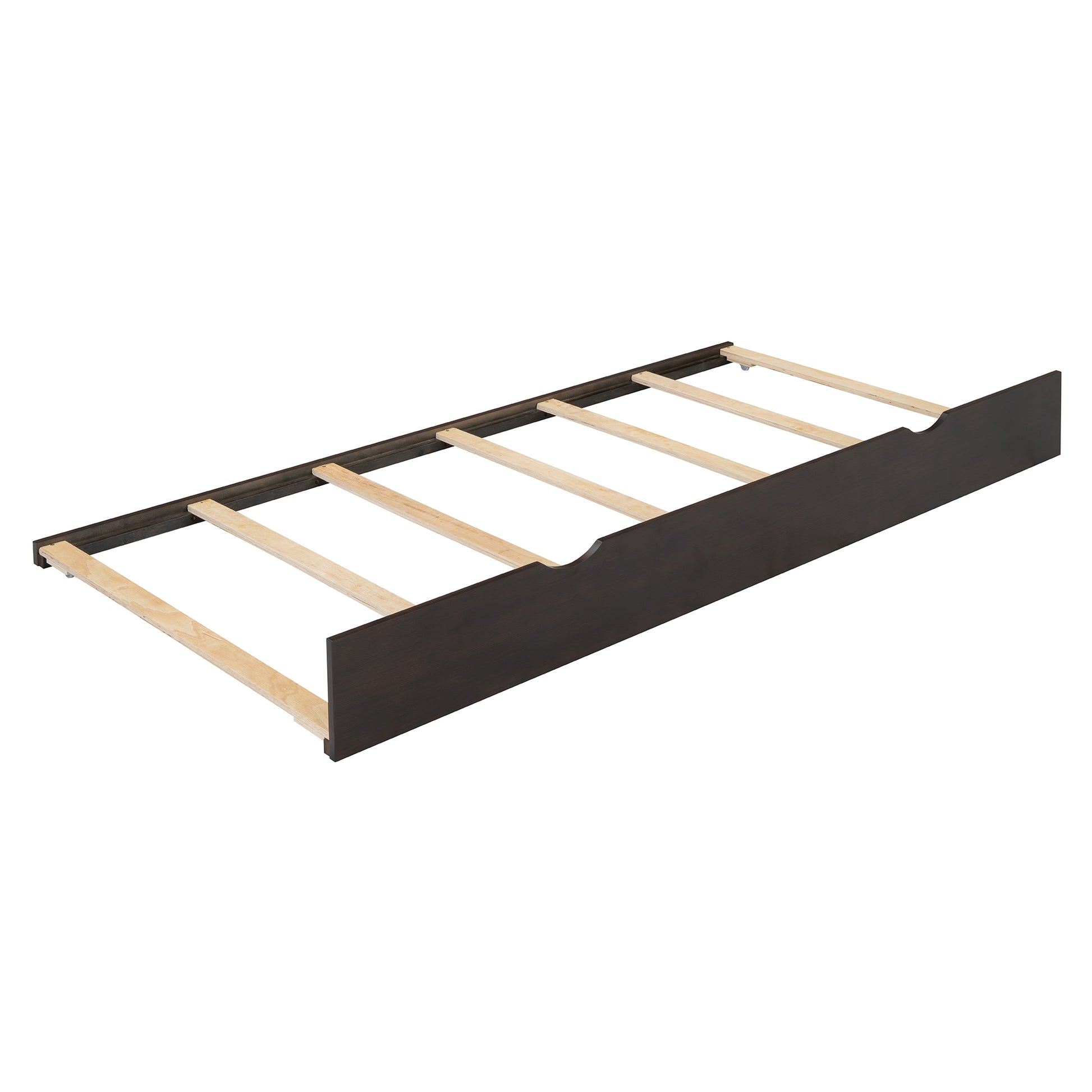 Dark brown wooden trundle bed frame with slatted base for mattress support