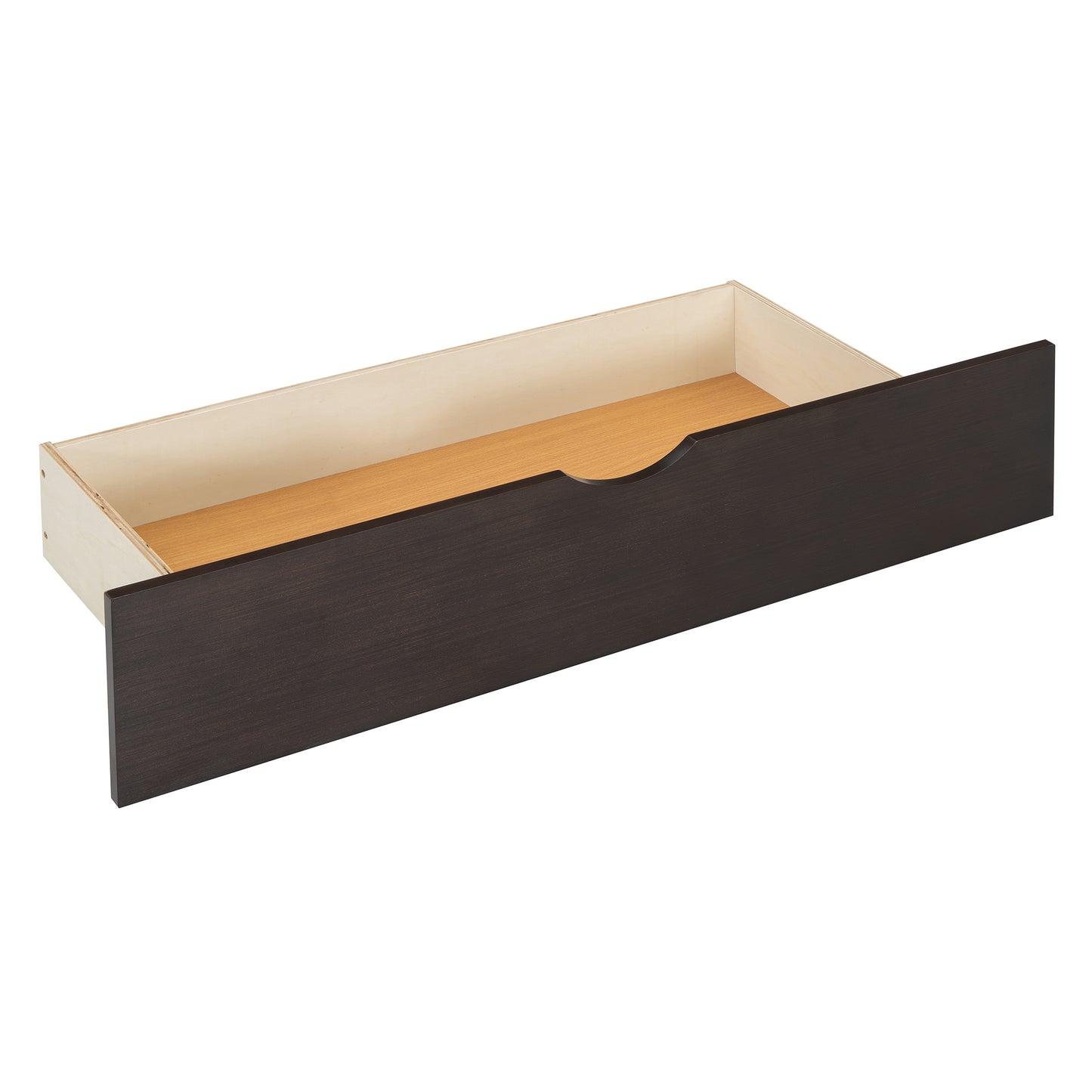 Dark brown wood grain drawer front with light wood interior