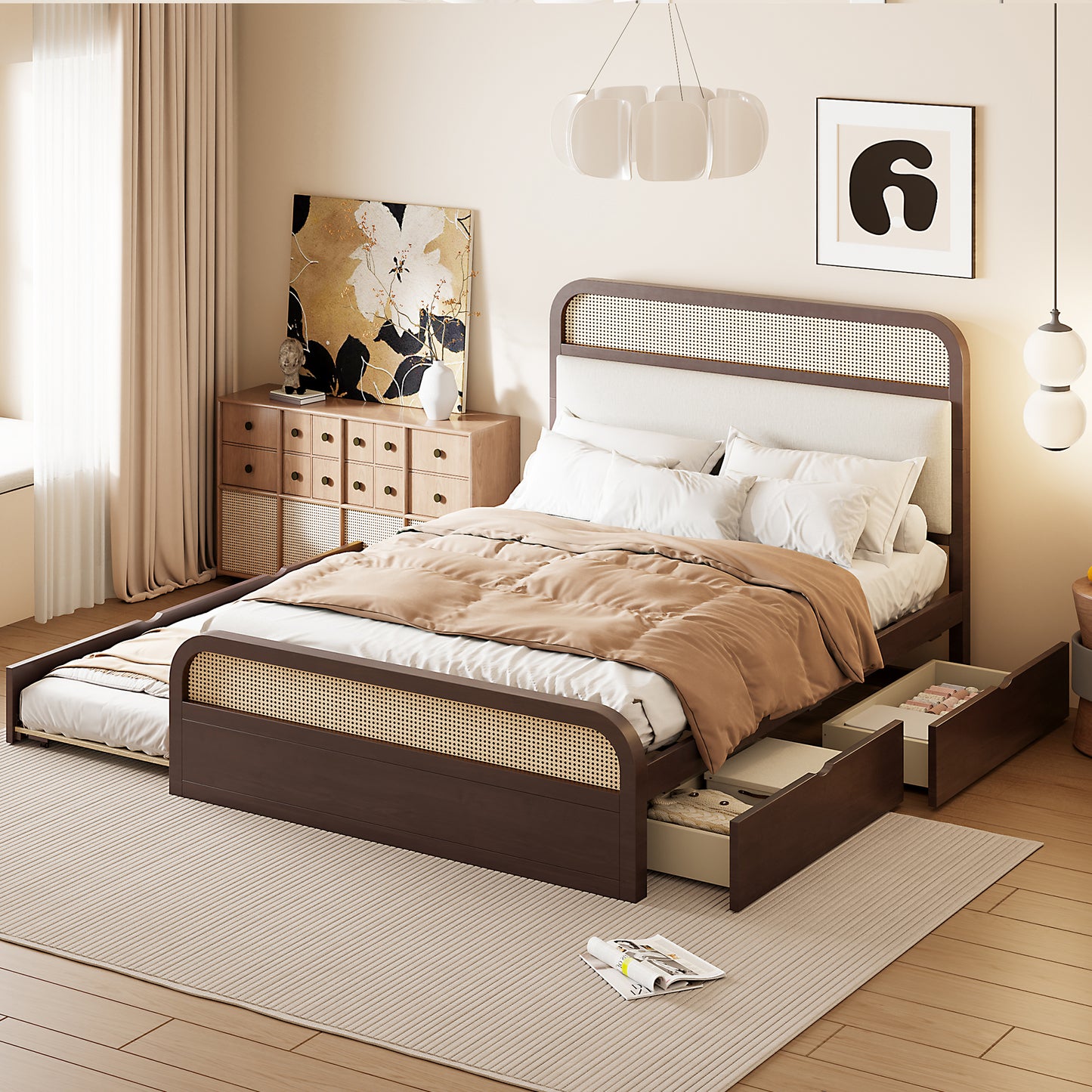 Dark wood rattan bed frame with pullout trundle and storage drawers