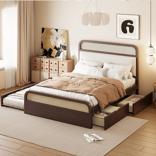 Dark wood rattan bed frame with pullout trundle and storage drawers