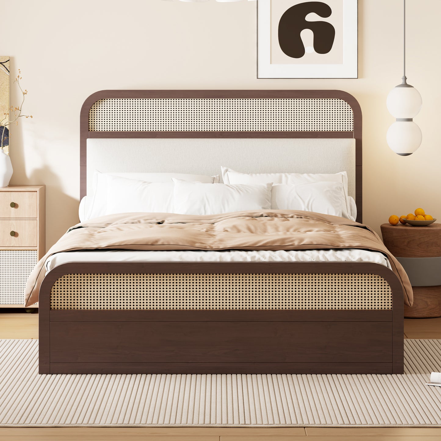 Rattan headboard bed frame with upholstered fabric and dark wood accents