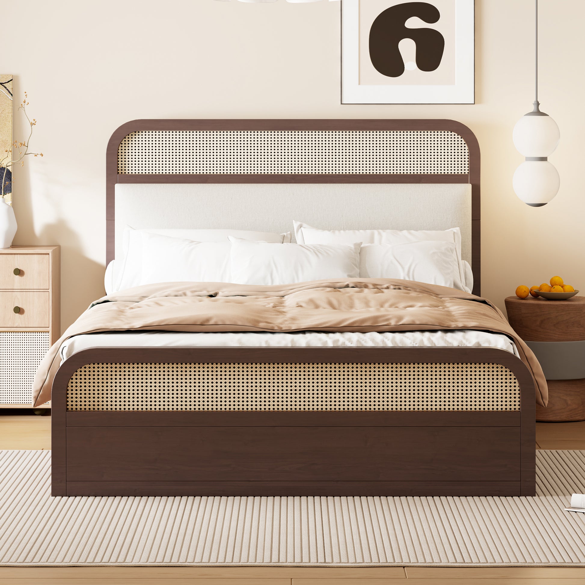 Rattan headboard bed frame with upholstered fabric and dark wood accents