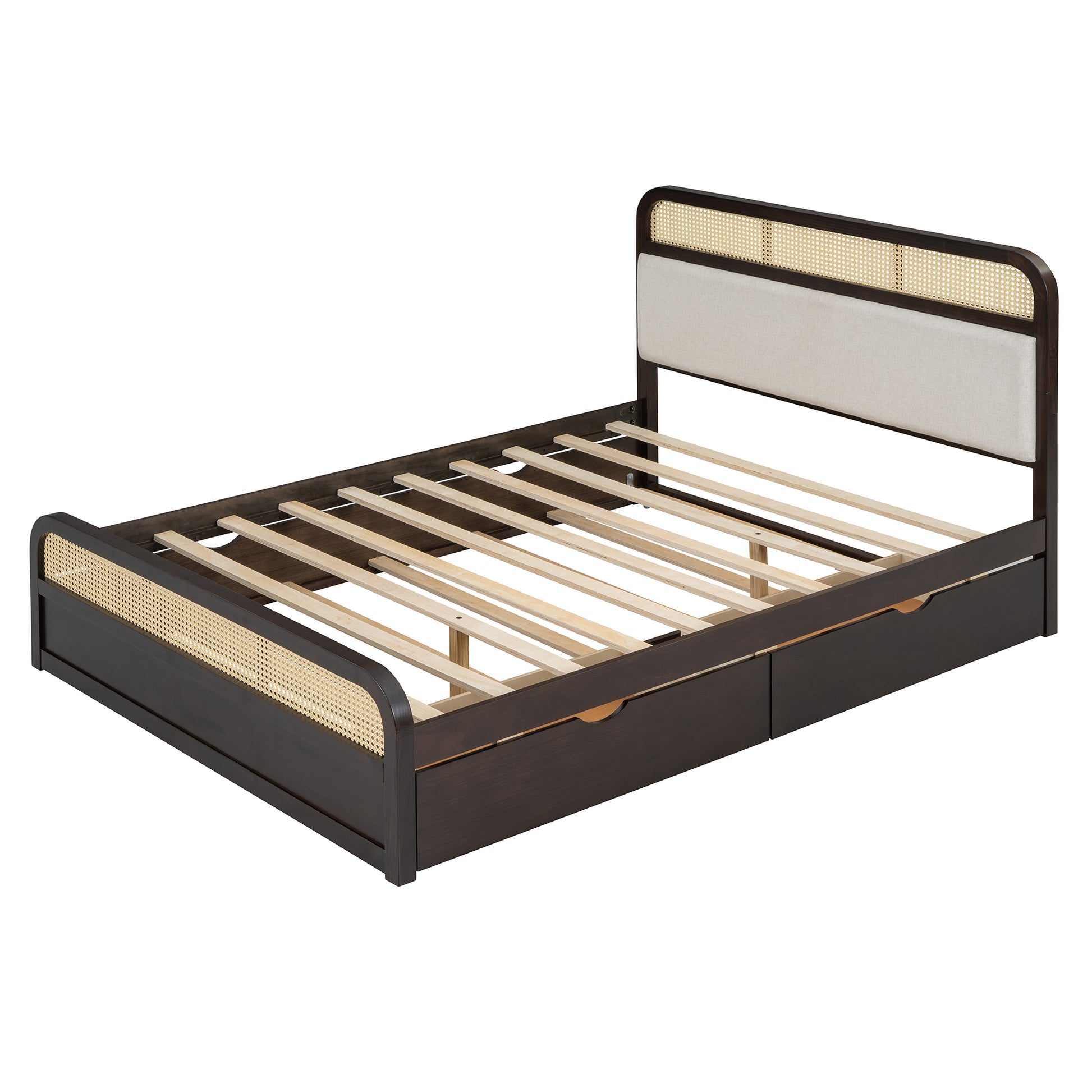 Dark wood platform bed frame with cane headboard and two drawers