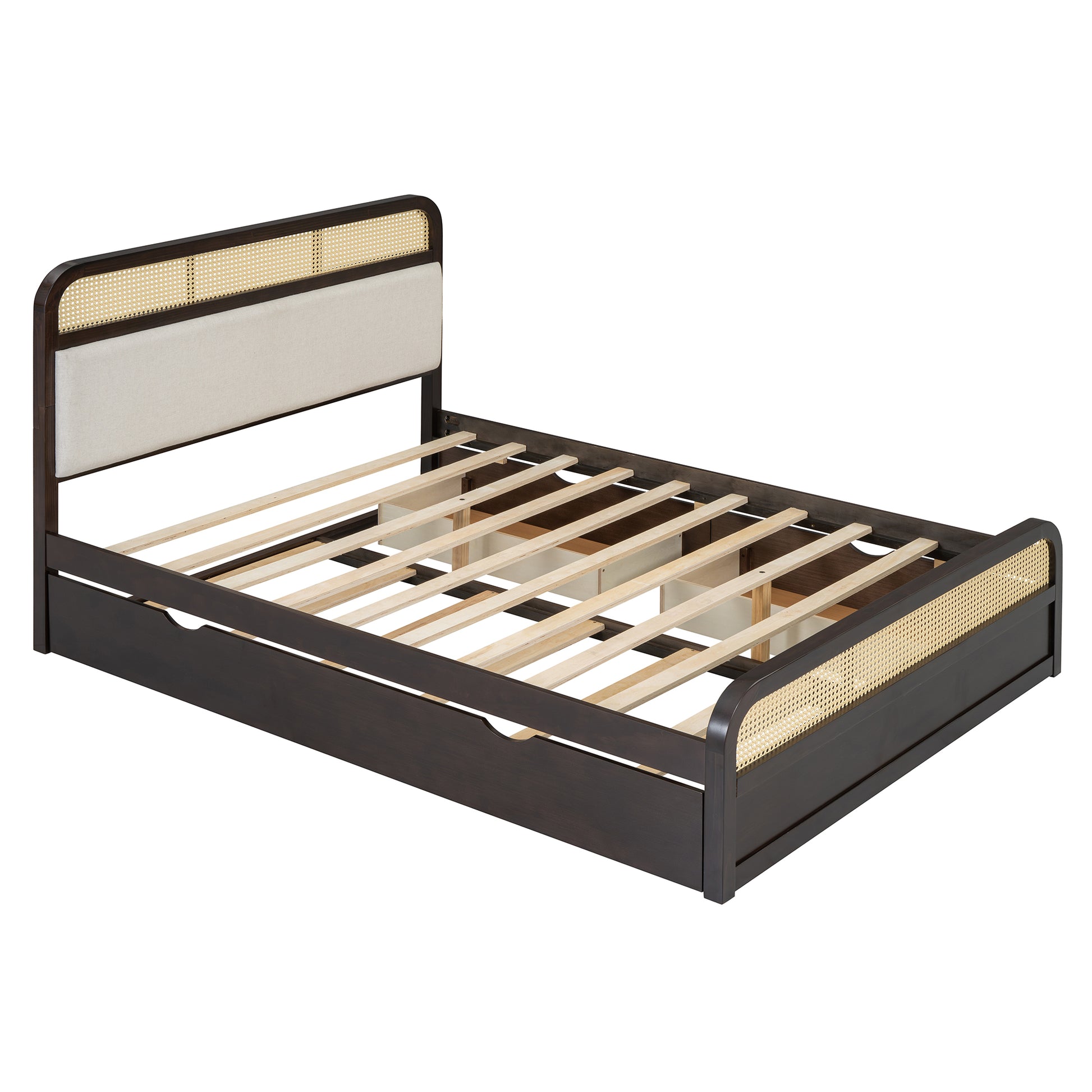 Dark wood platform bed frame with cane headboard and upholstered cushion