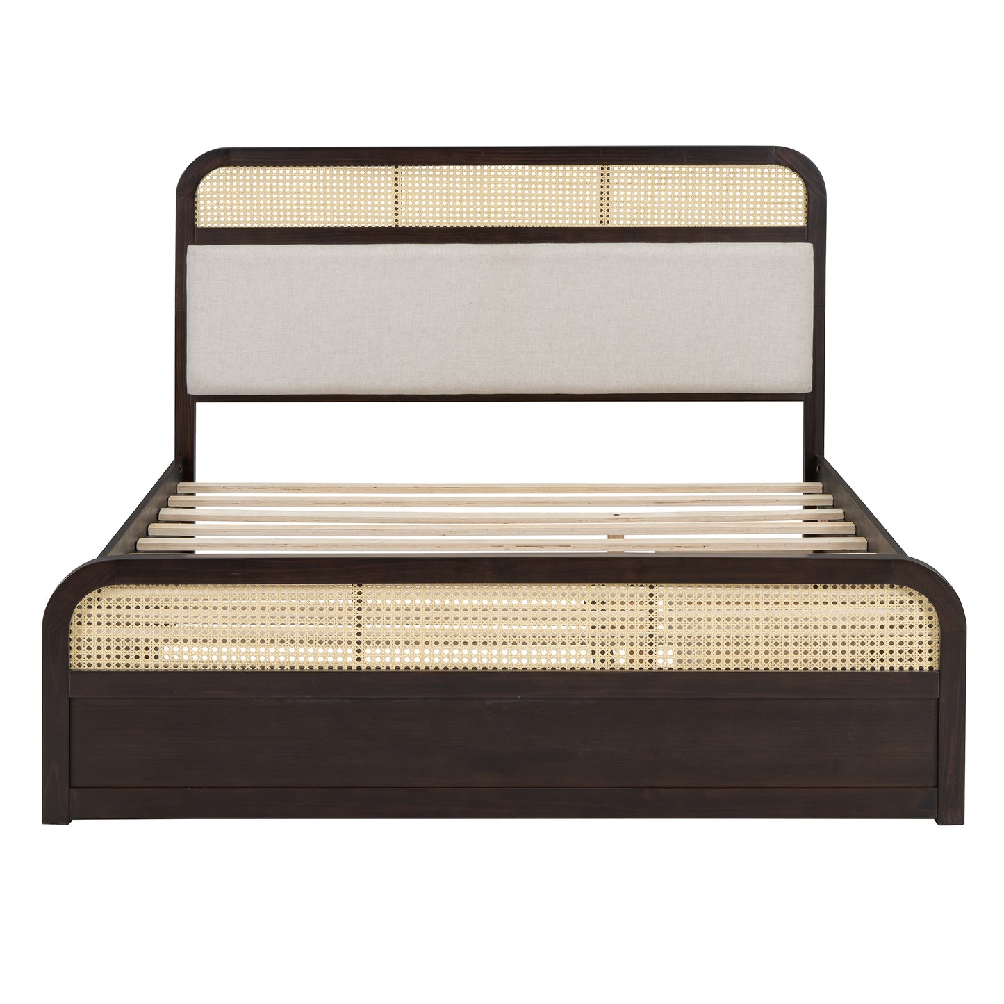 Dark wood cane headboard bed frame with upholstered panel