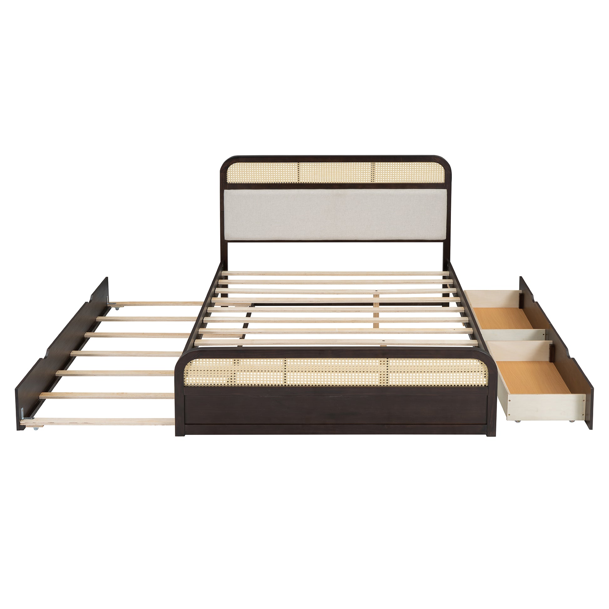 Dark wood platform bed frame with woven cane headboard and drawers