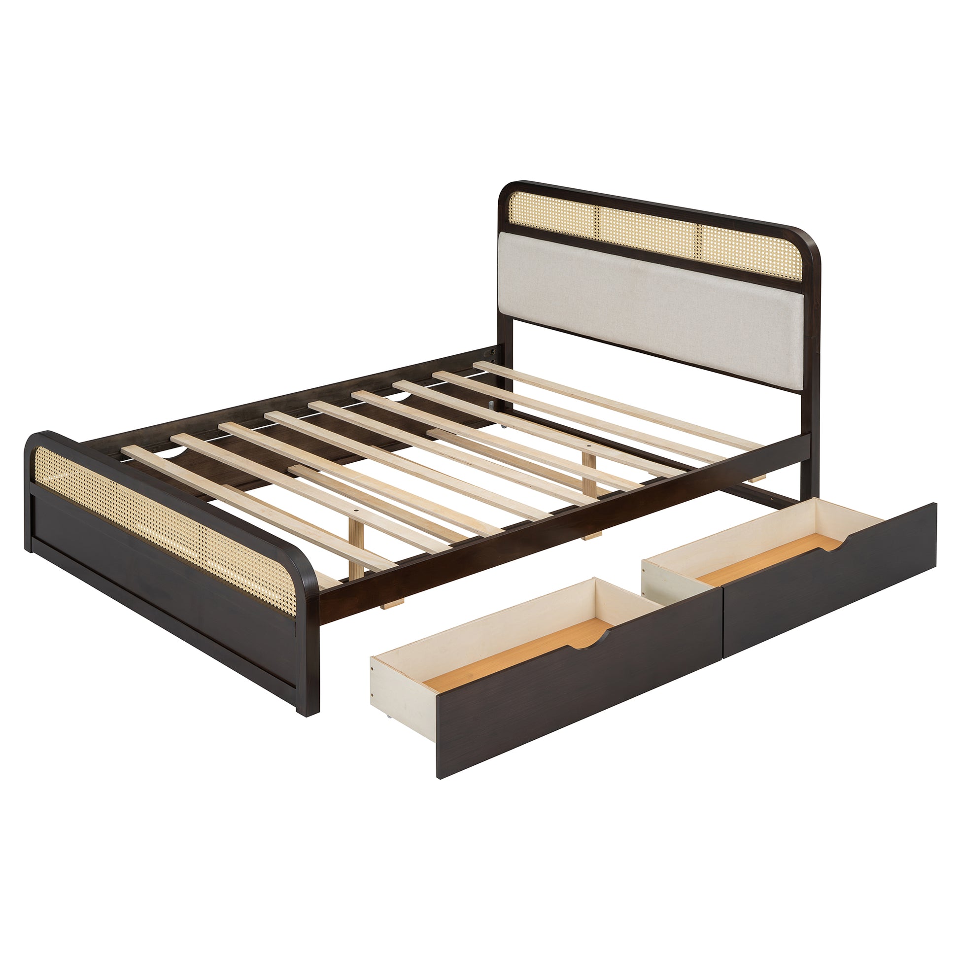 Dark wood bed frame with woven cane headboard and two storage drawers