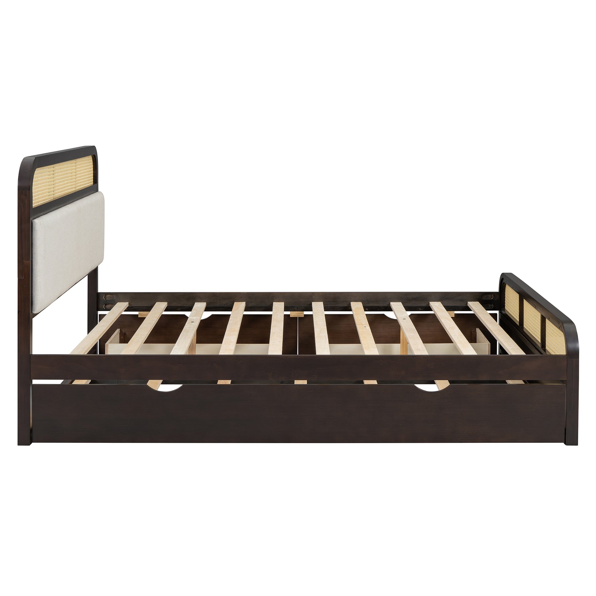Dark wood frame bed with woven headboard