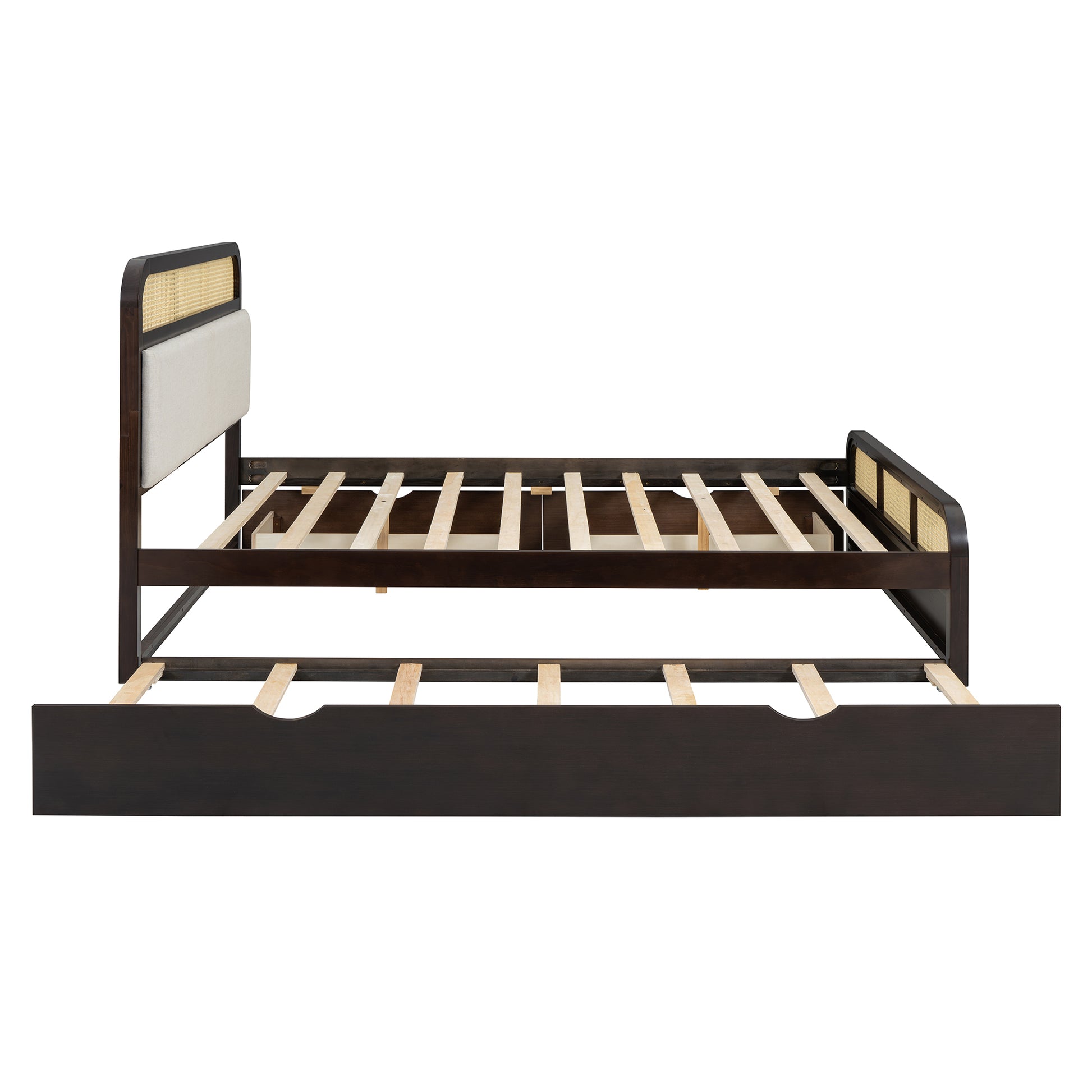 Dark wood platform bed frame with rattan headboard detail and upholstered panel
