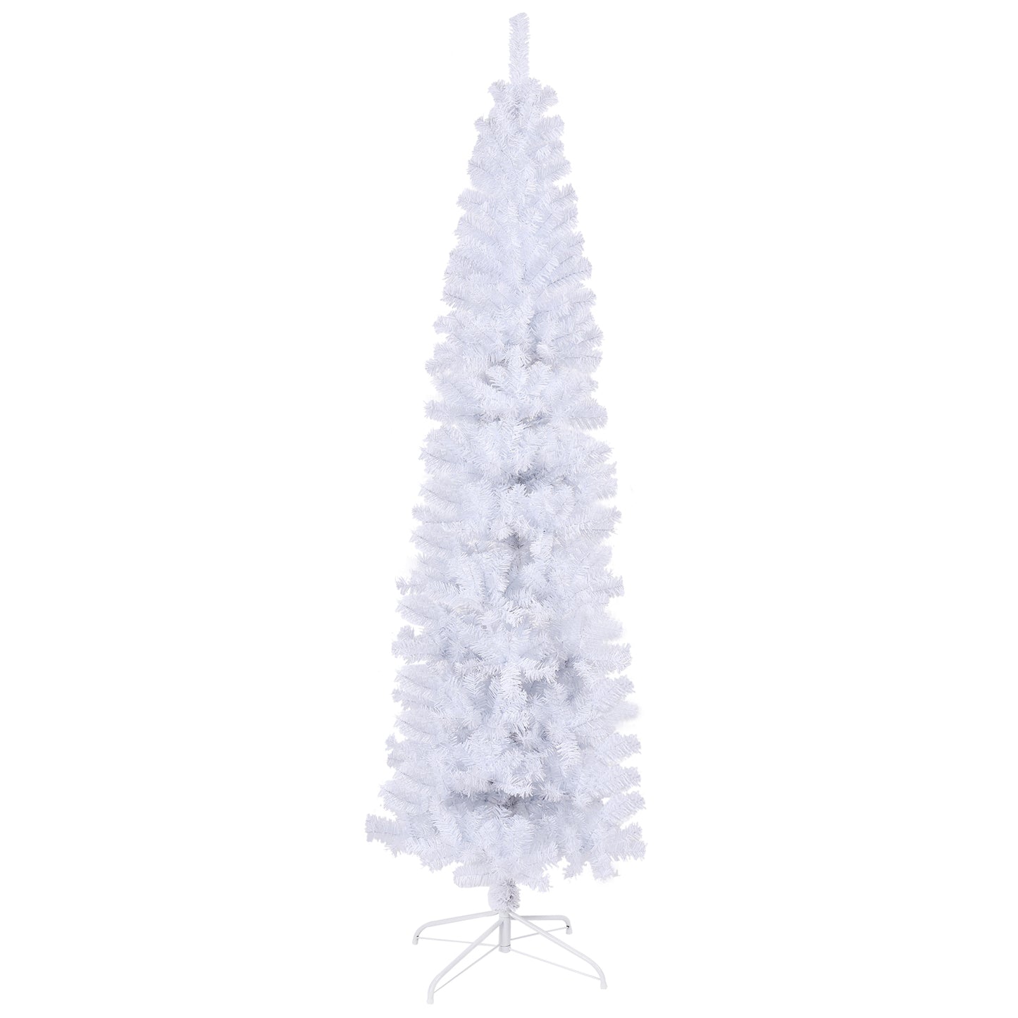 Tall white artificial Christmas tree with a slender profile and metal stand