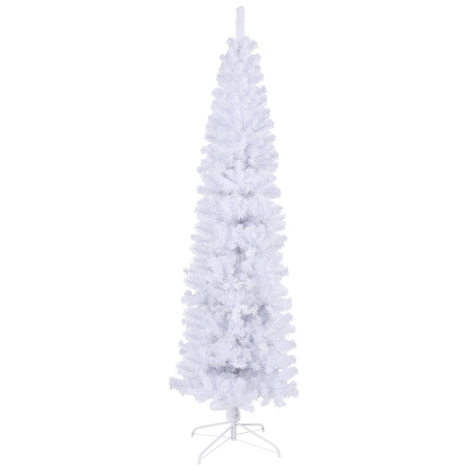 Tall white artificial Christmas tree with a slender profile and metal stand
