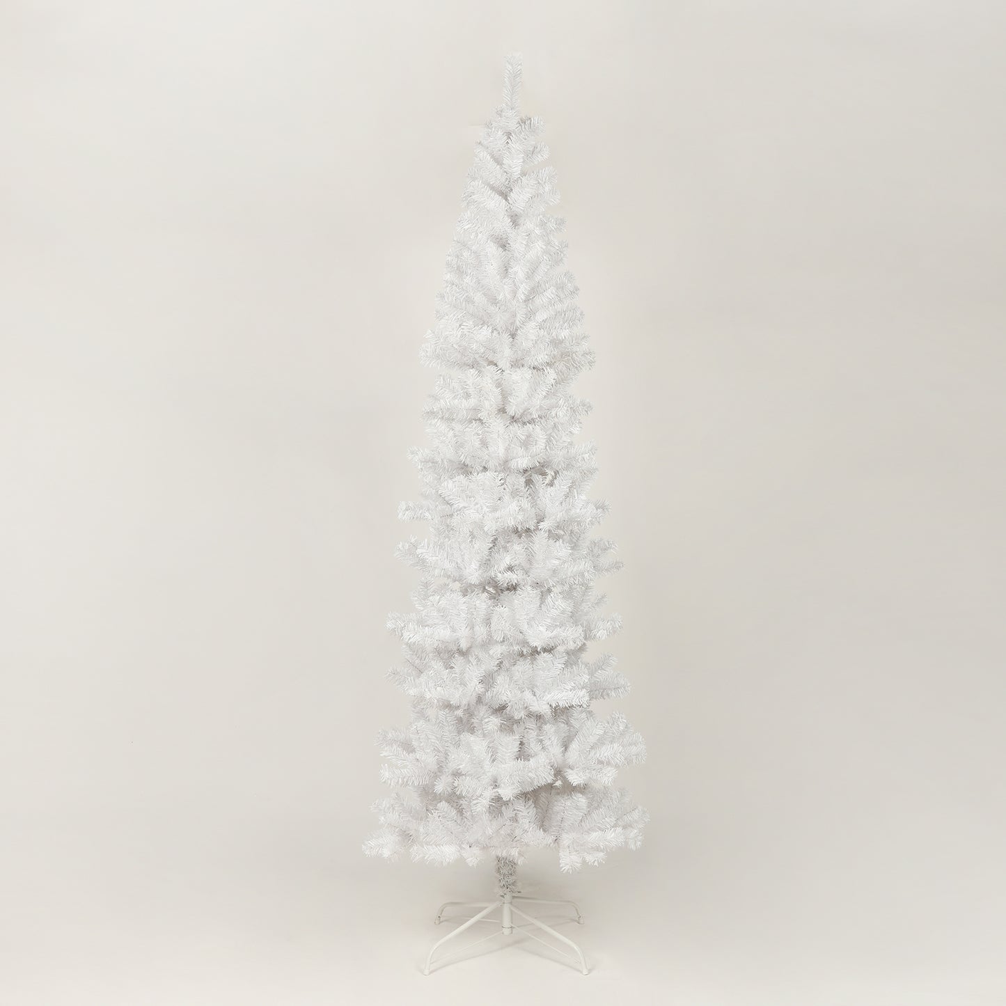 Tall white artificial Christmas tree with a metal stand perfect for holiday decor