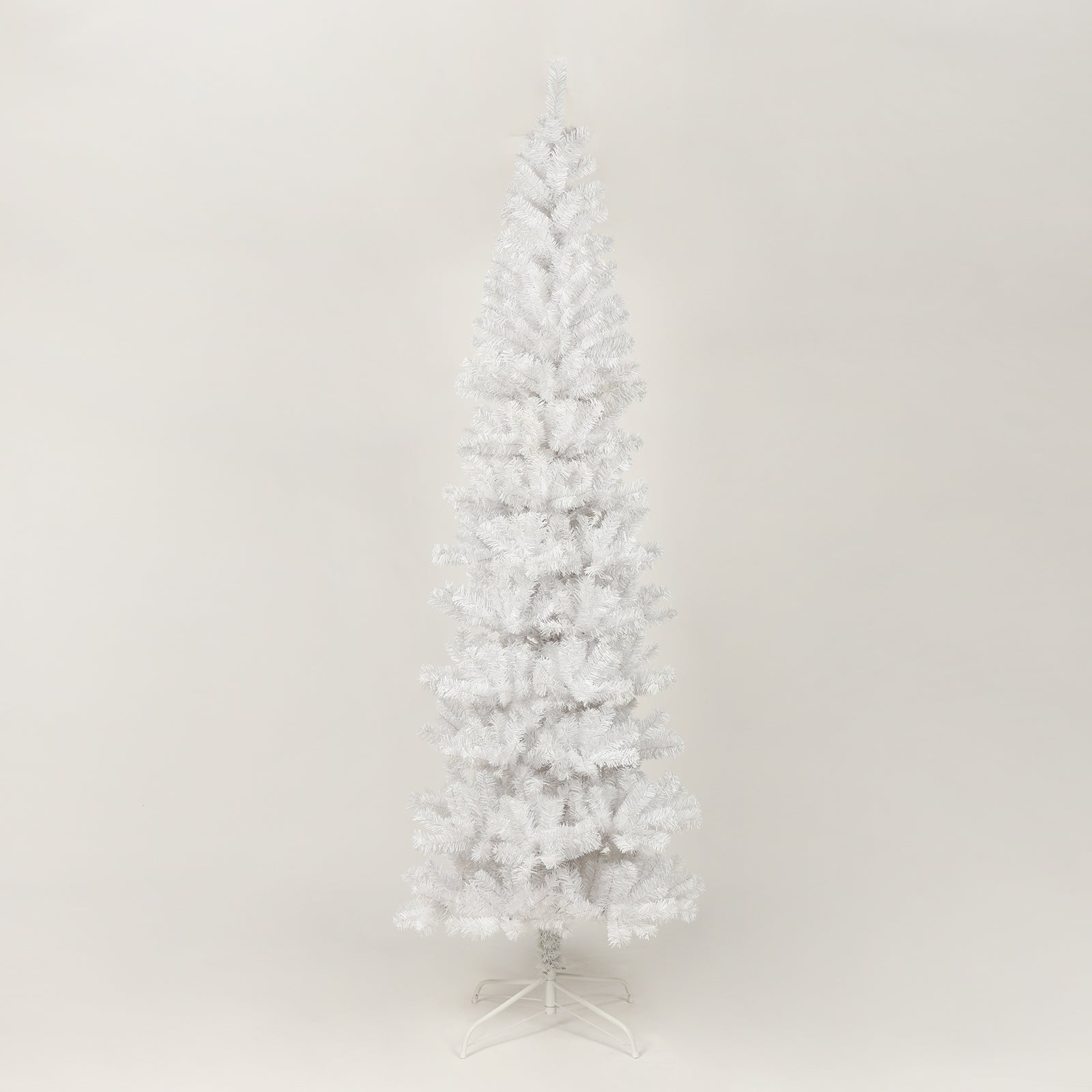 Tall white artificial Christmas tree with a metal stand perfect for holiday decor