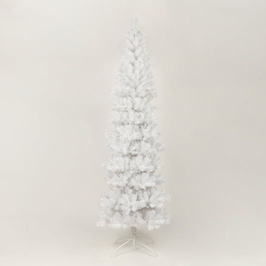 Tall white artificial Christmas tree with a metal stand perfect for holiday decor