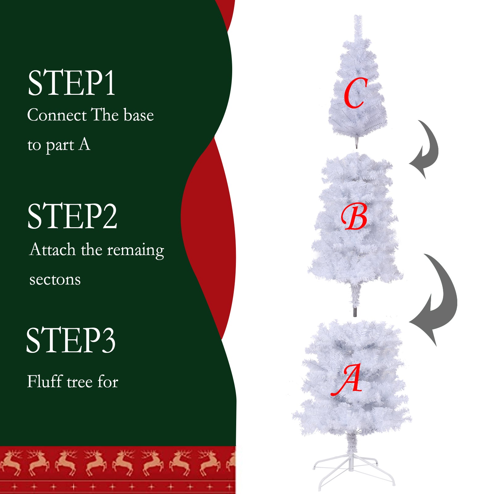 White artificial Christmas tree sections A B C for easy assembly