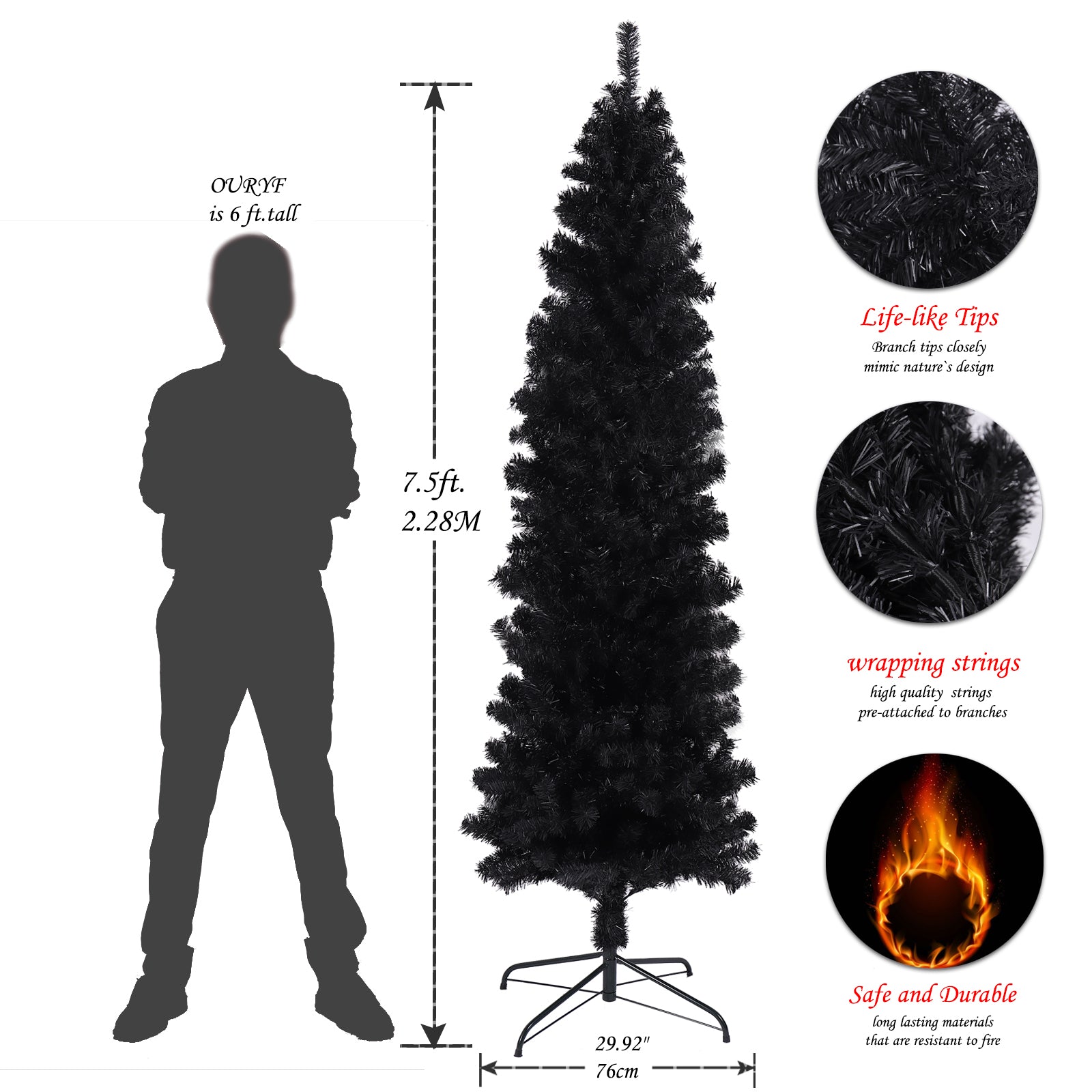 ft black artificial Christmas tree with realistic branch tips and metal stand