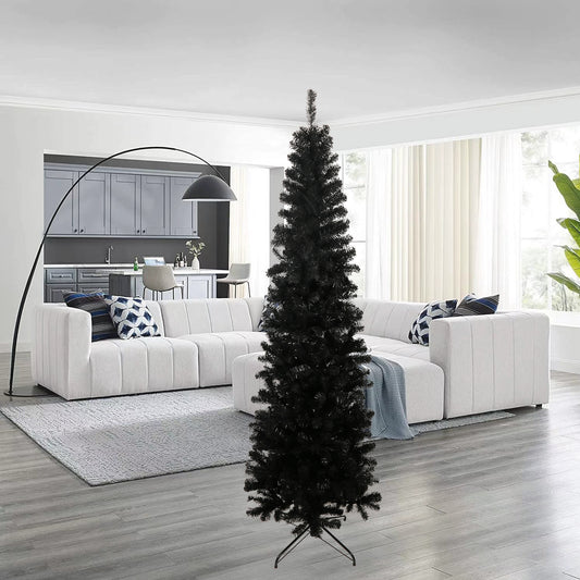 Tall artificial black Christmas tree with realistic branches perfect for modern decor