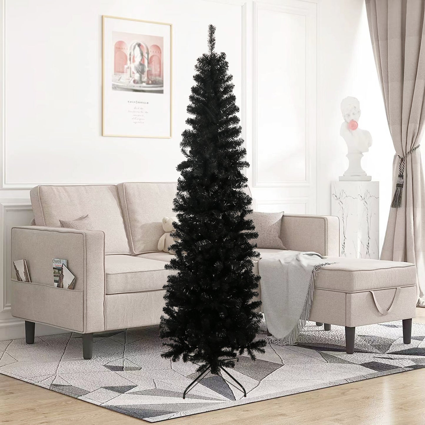 Tall slender black Christmas tree with a realistic flocked appearance perfect for modern holiday decor