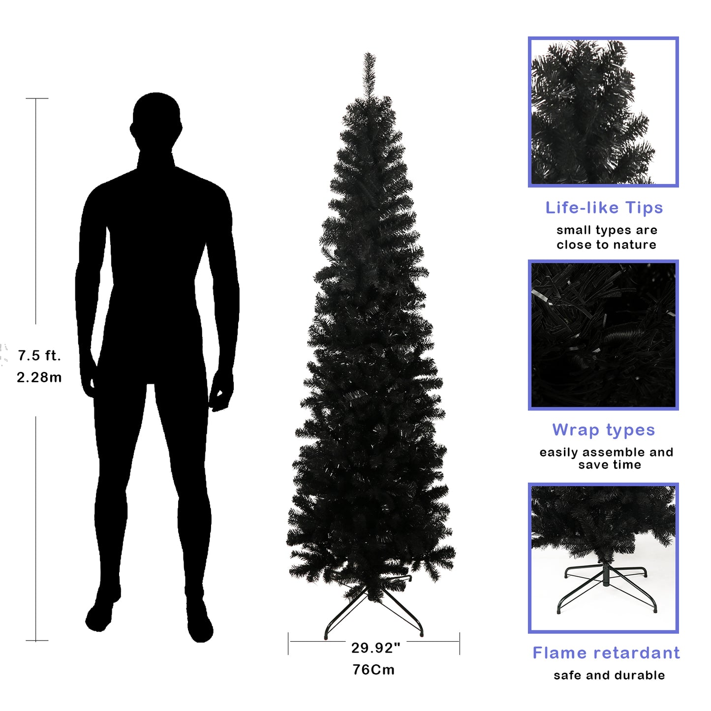 A tall slender  ft black artificial Christmas tree with realistic tips and a metal stand