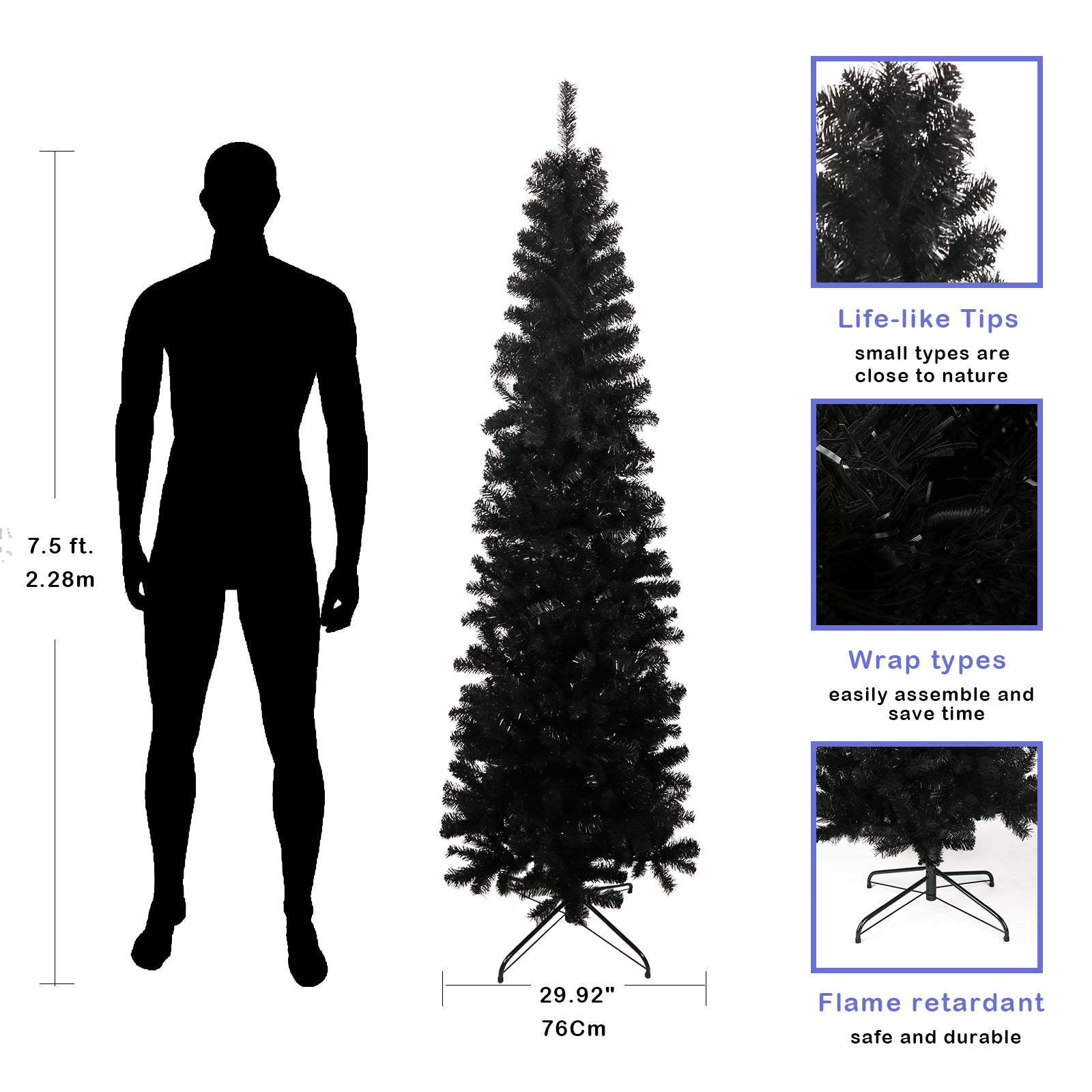 A tall slender  ft black artificial Christmas tree with realistic tips and a metal stand