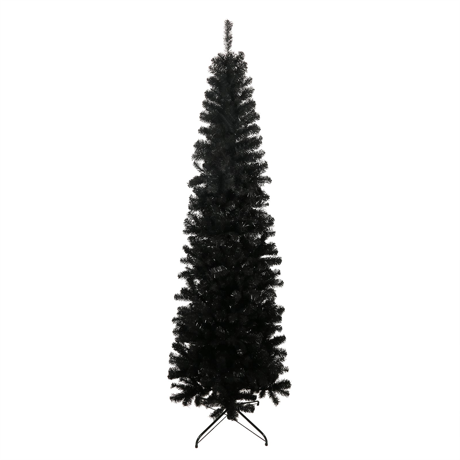 Black artificial Christmas tree with a slender profile and metal stand