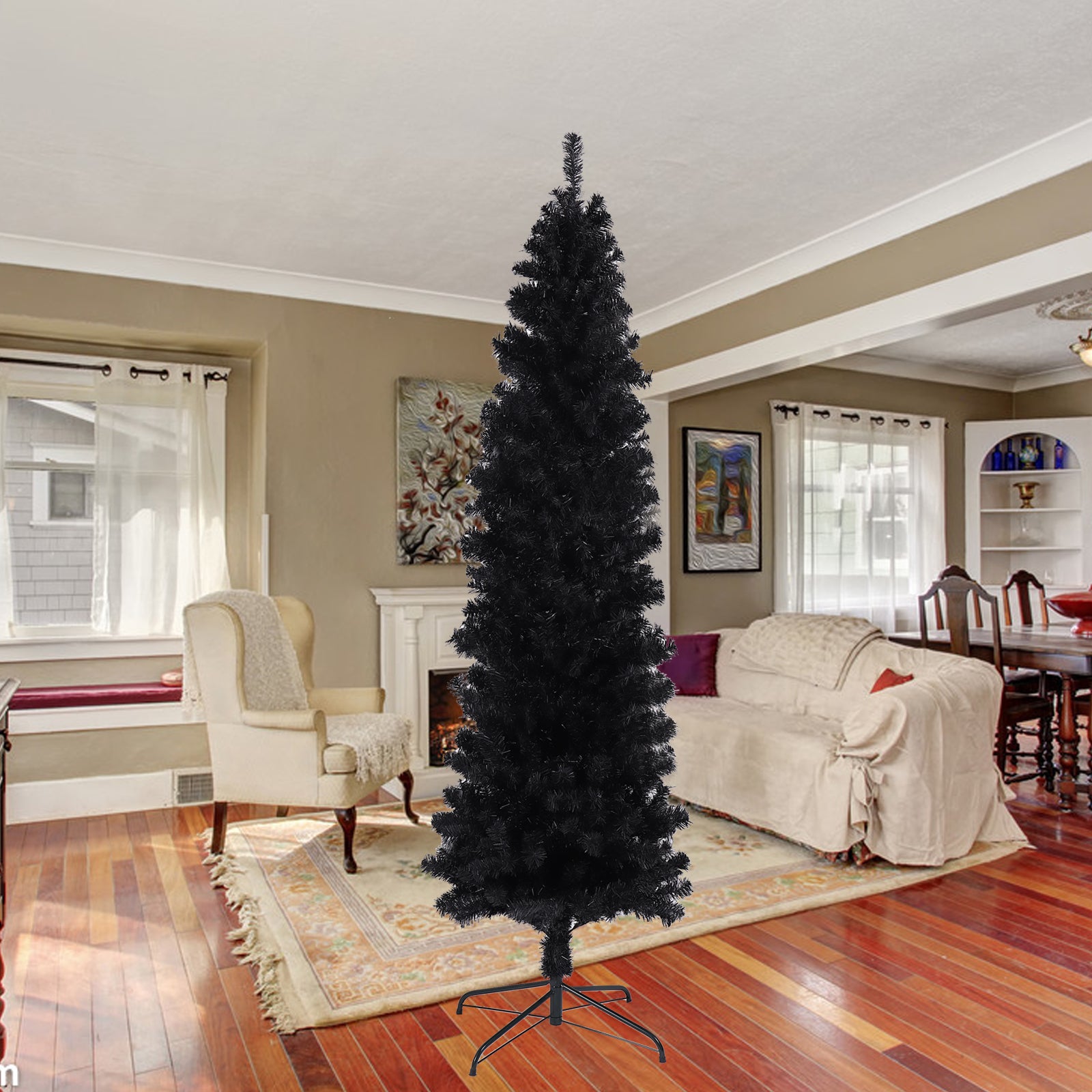 Slim profile black artificial Christmas tree perfect for modern holiday decor