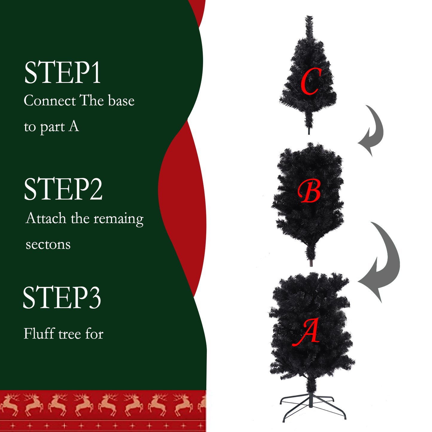 Black artificial Christmas tree sections labeled A B and C for assembly