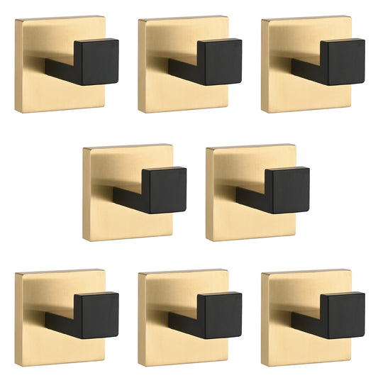 Set of  brushed brass wall hooks with matte black accents for modern bathrooms