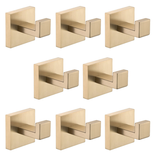 Set of brushed brass modern wall hooks with a square base for bathroom organization