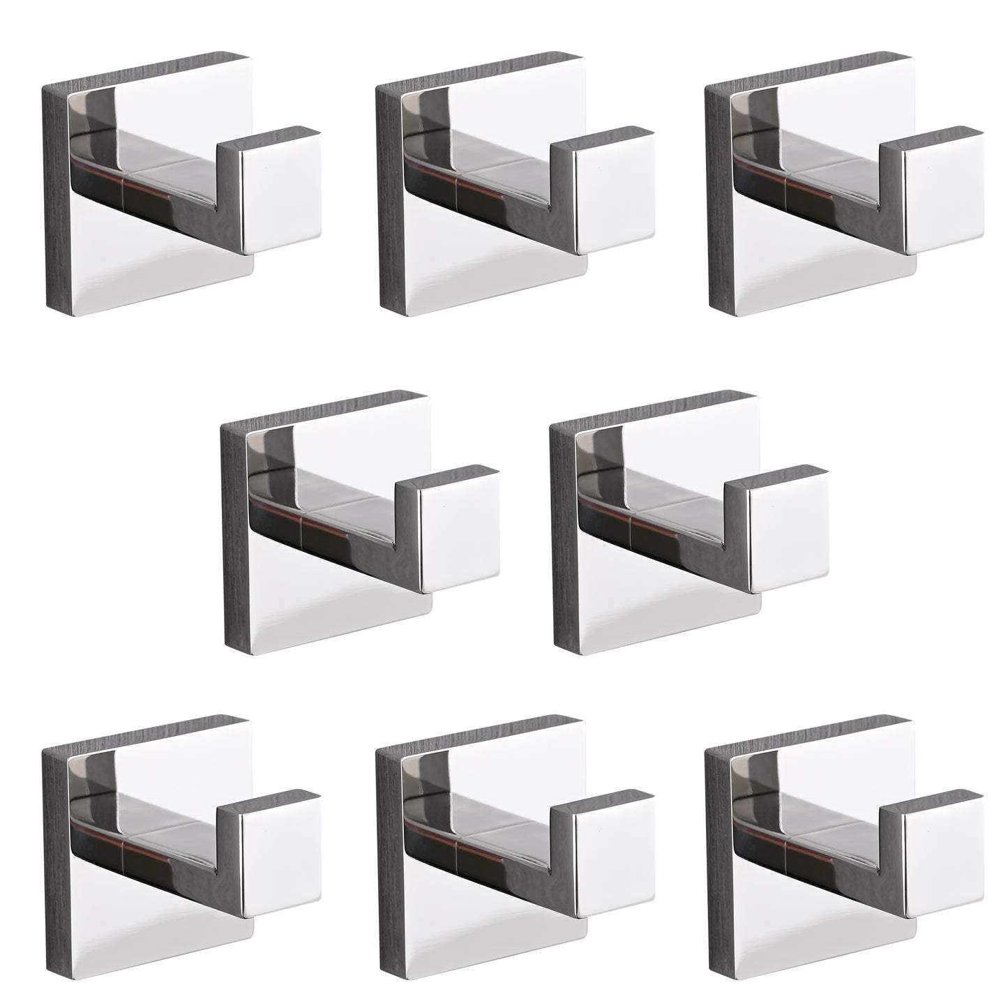 Set of  brushed nickel coat hooks with modern square base for entryway organization