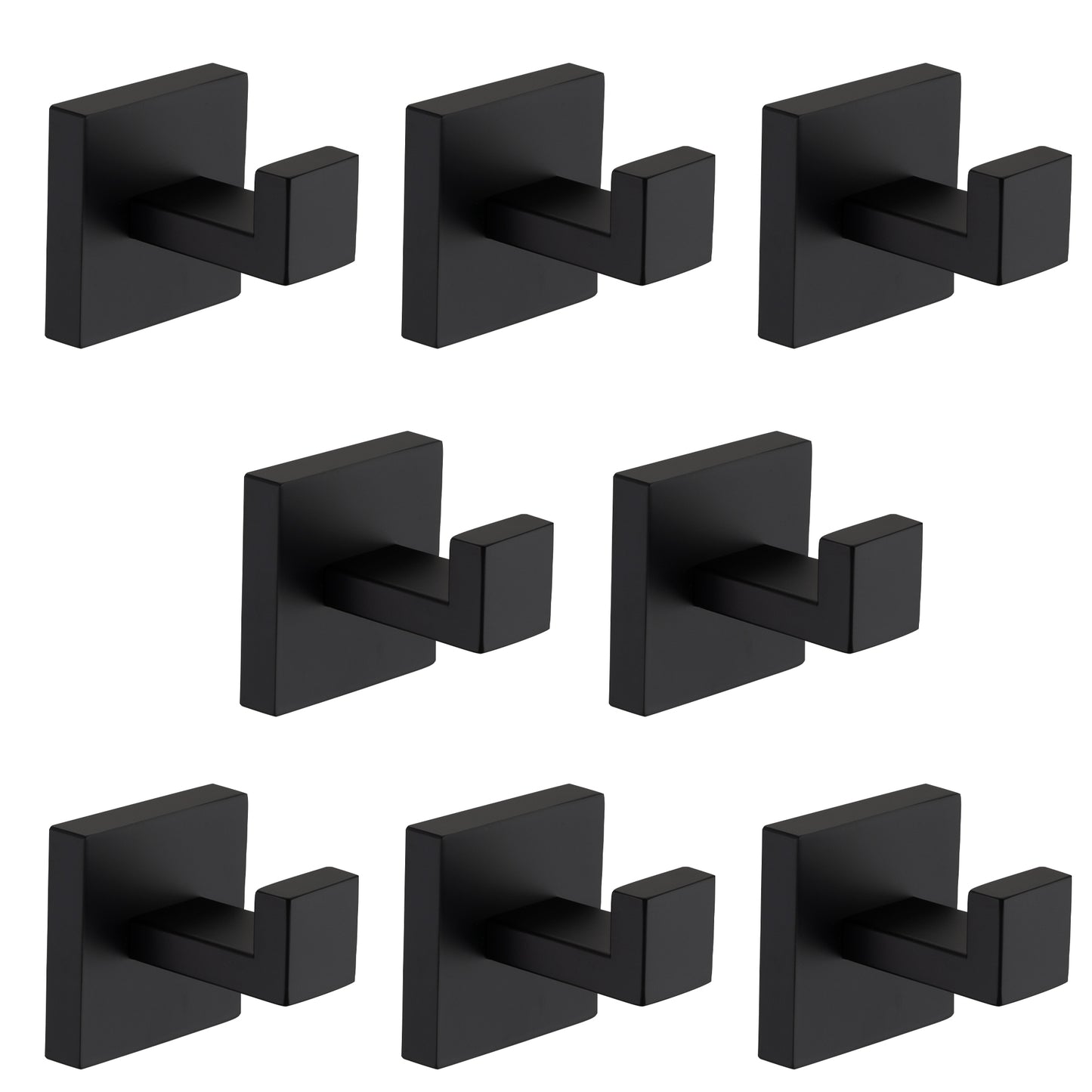 Set of seven modern black square wall hooks for bathrooms
