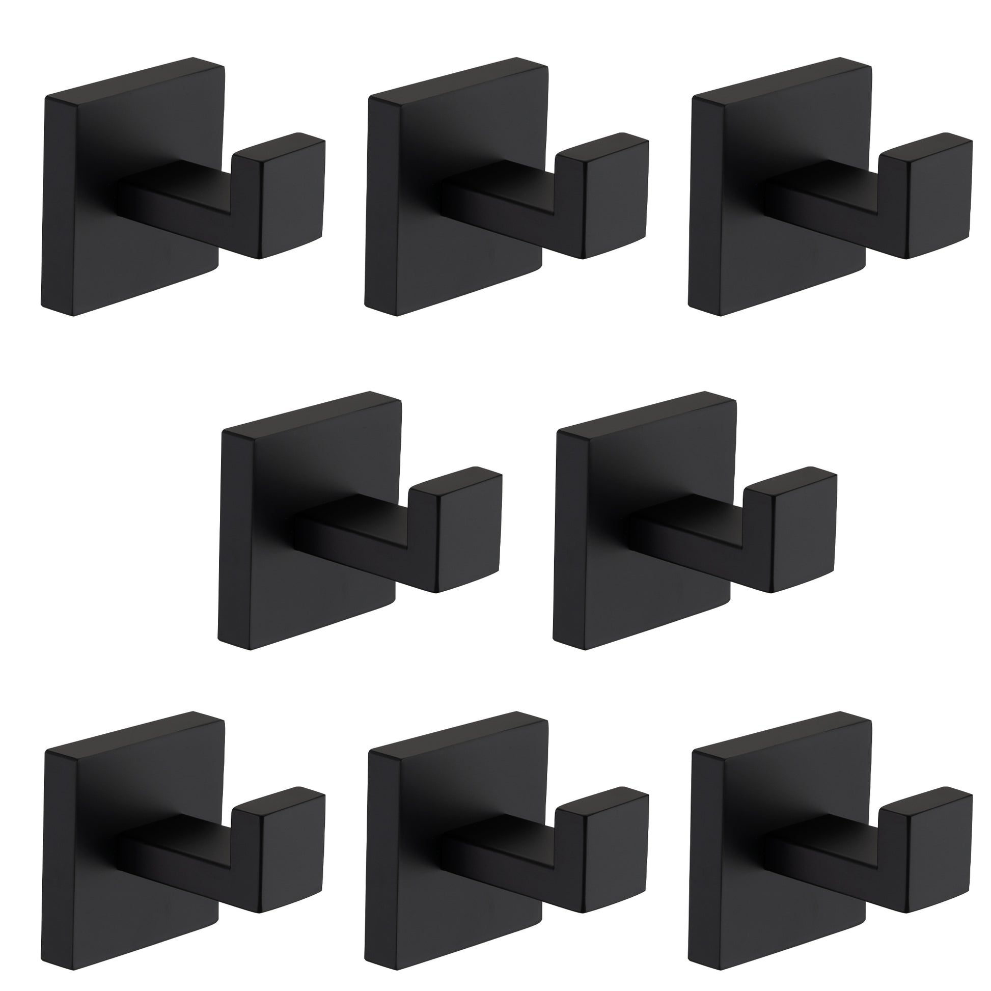 Set of seven modern black square wall hooks for bathrooms