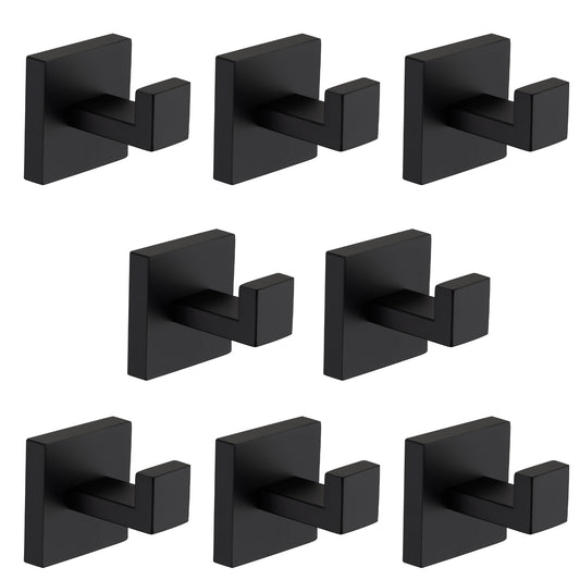 Set of seven modern black square wall hooks for bathrooms